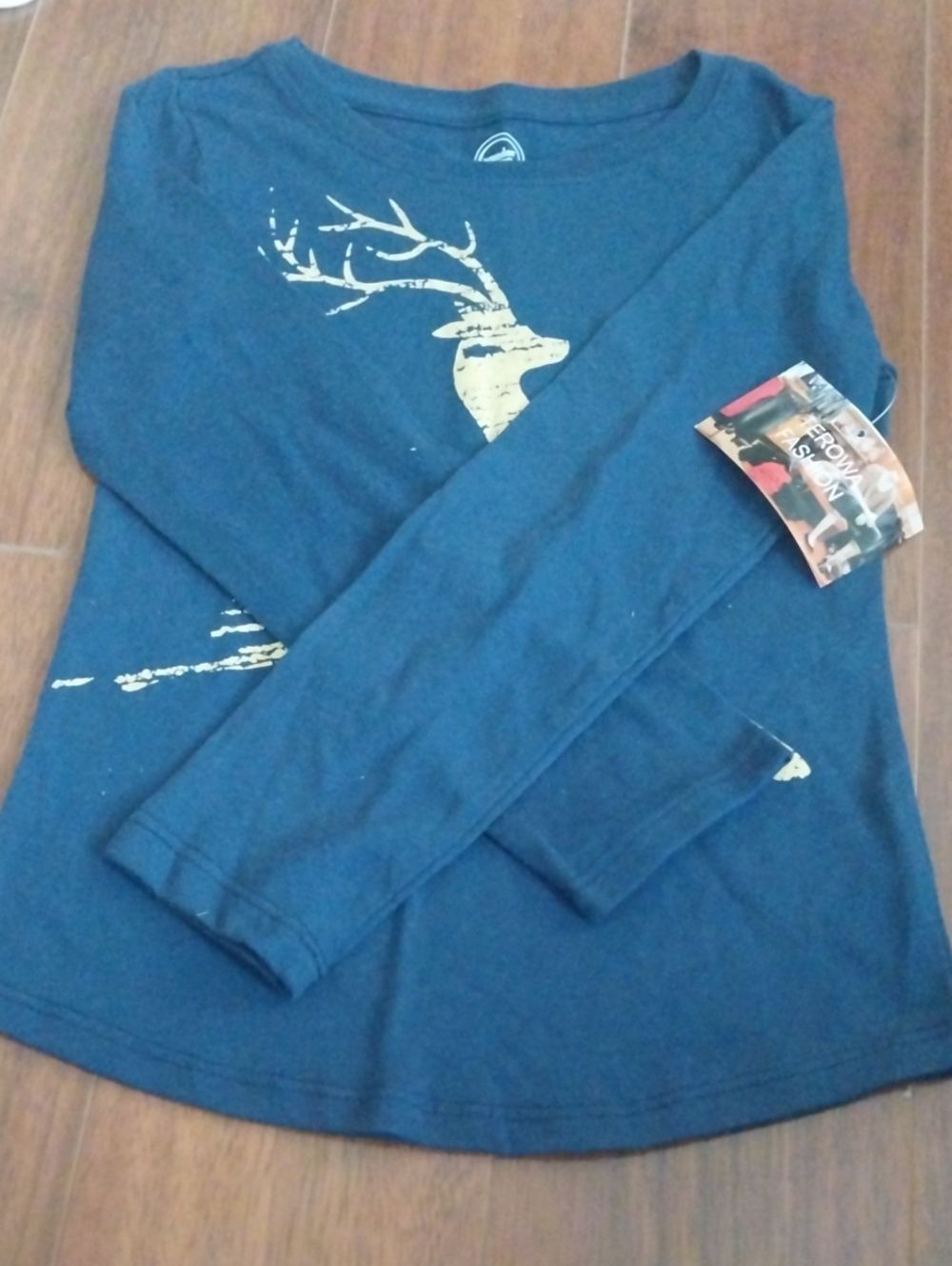 wonder nation Navy Blue Long Sleeve Tee with Gold Deer Graphic